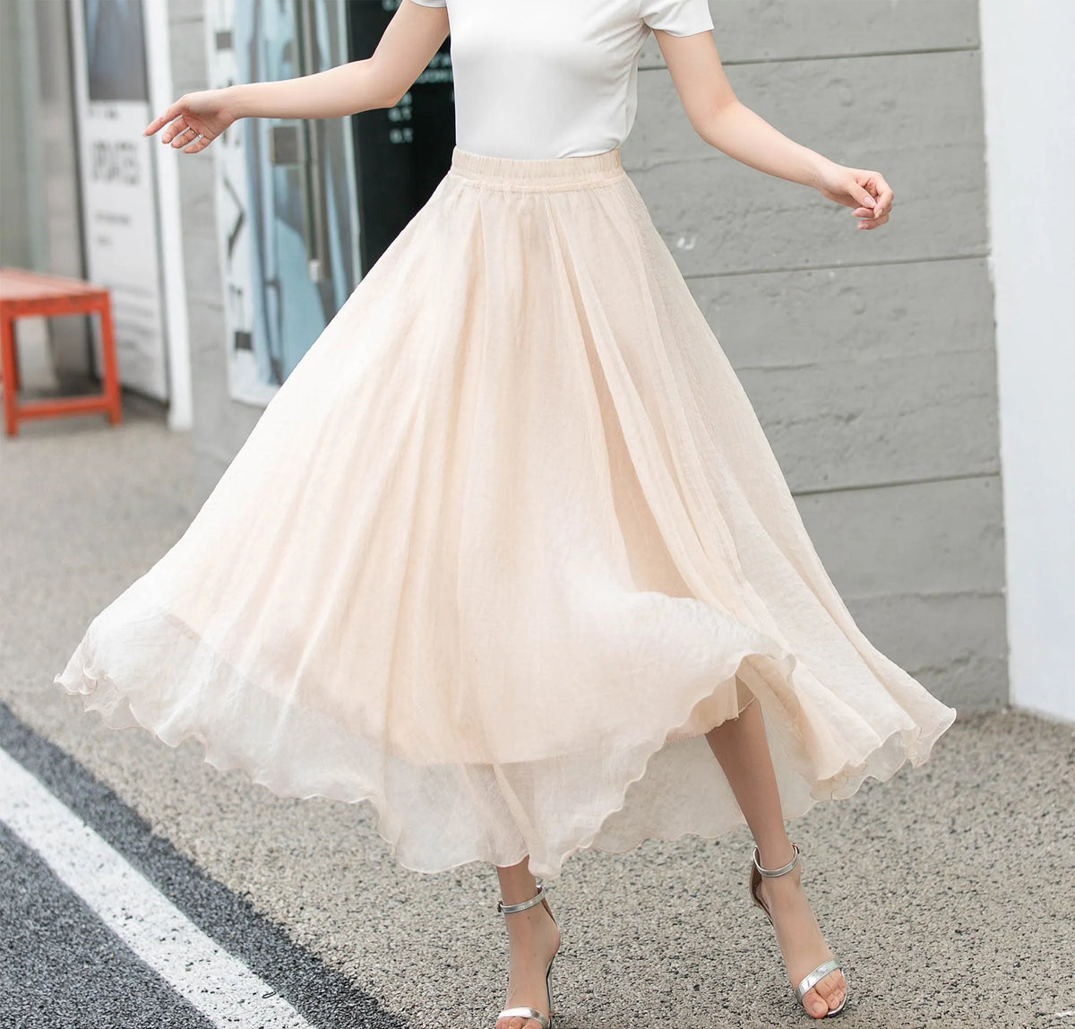 Handmade Beige Chiffon Swing Skirt – Flowing Maxi Circle Skirt 