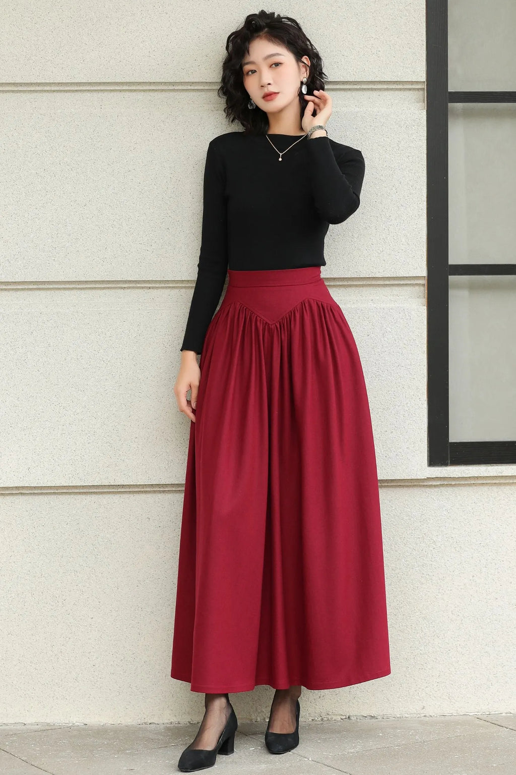 Burgundy Wool Maxi Skirt - Handmade High-Waisted Pleated 6420