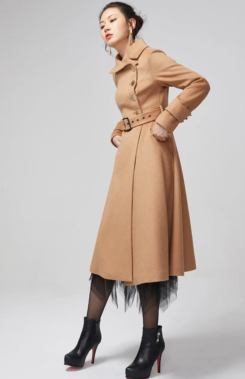 Camel Wool Blend Coat – Handmade Vintage Belted Winter Elegance 2204
