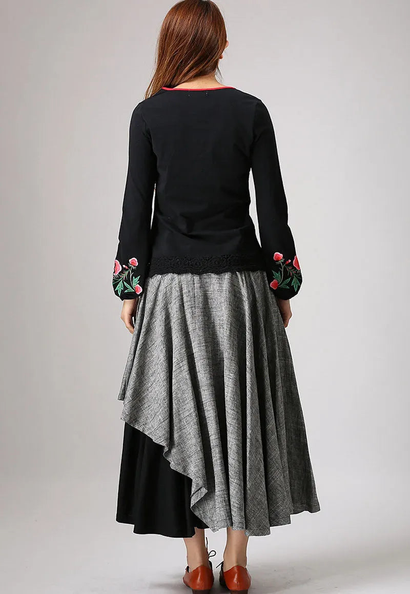 Gray Linen Maxi Skirt - Layered Pleated A-Line with Hip Pockets 868