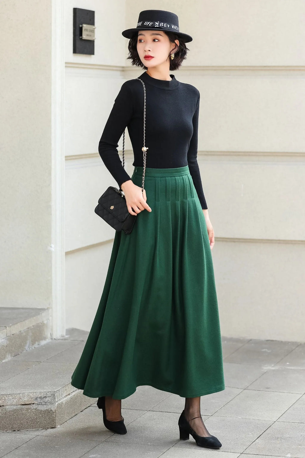 Green Wool Blend A-Line Ankle Length Skirt - High Waist Flowy 6973