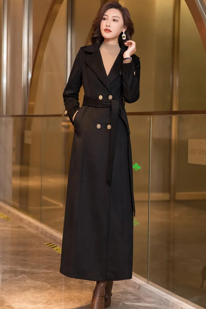 Black Wool Coat – Long Double Breasted Belted Winter Overcoat for Women 3970