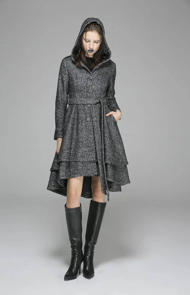 Vintage Wool Coat for Women – Handmade Gray Hooded Belted Winter Coat with Layered Hem 