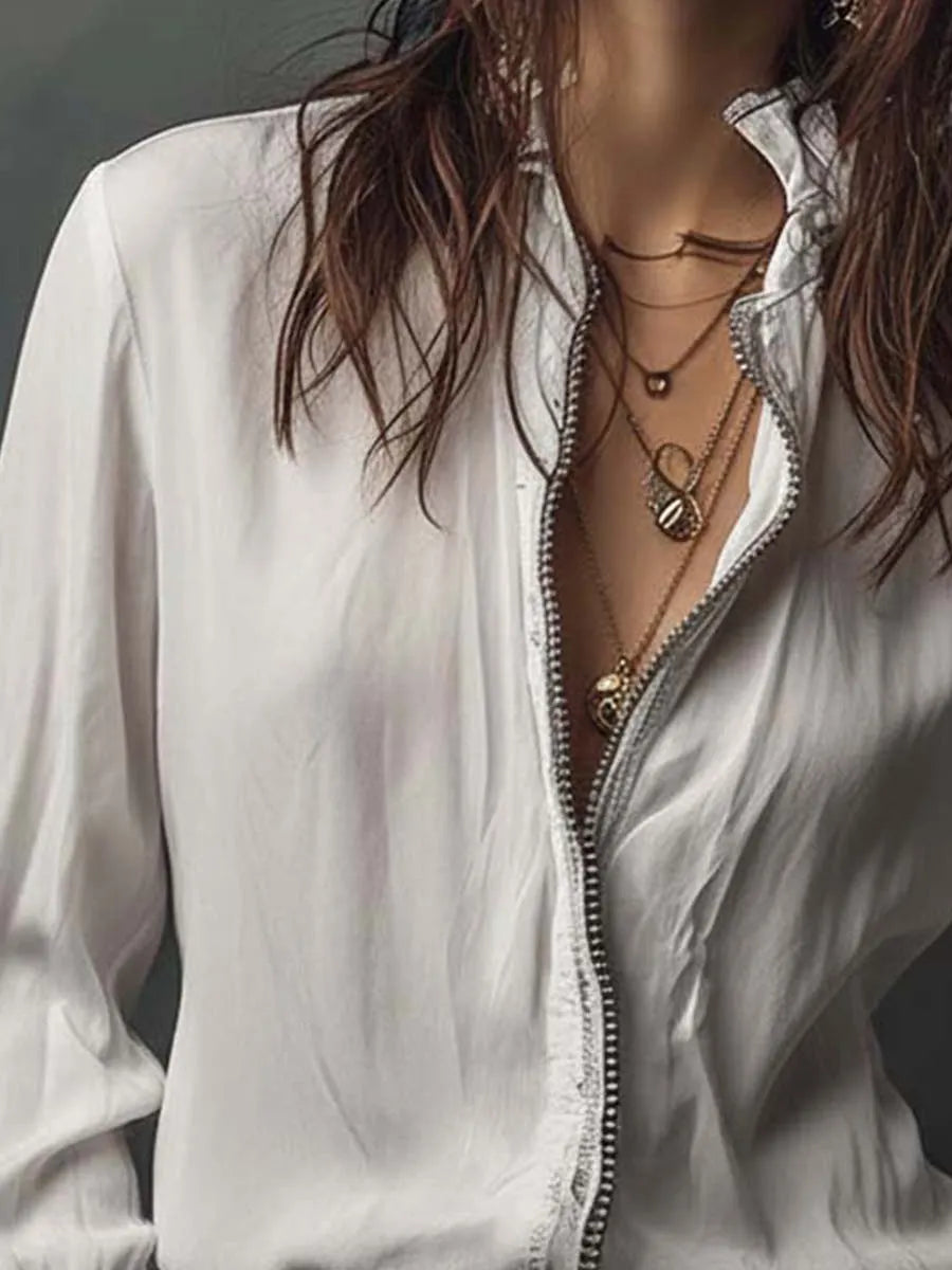White Zip-Front Blouse With Flounce Cuffs