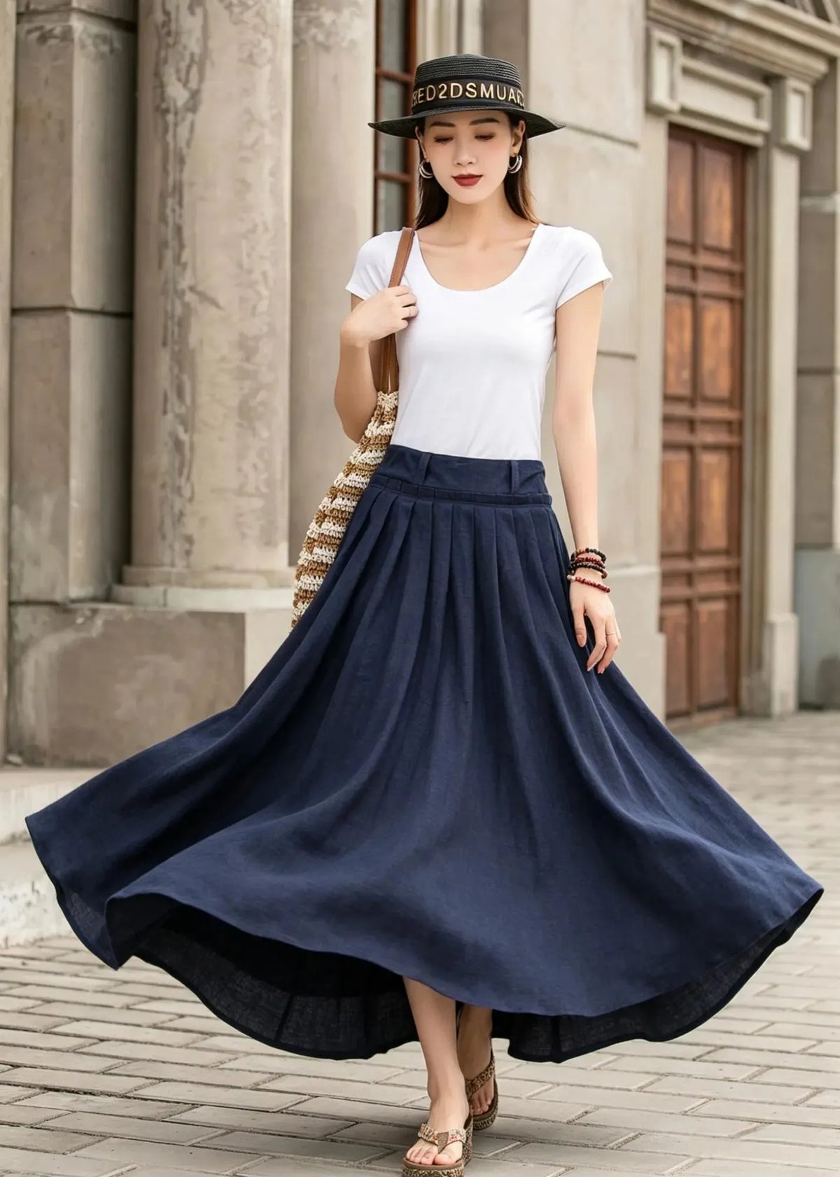 Blue Cotton Linen Maxi Skirt - High Waist Pleated Swing with Pockets 2847