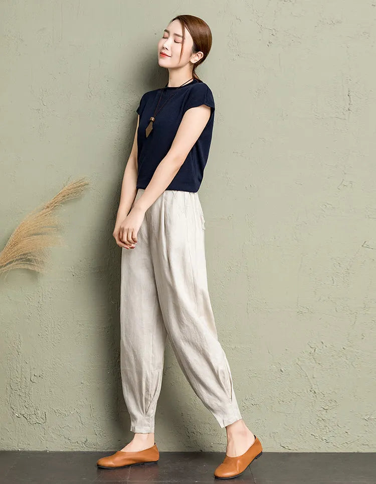 Rust Red Linen Cotton Wide Leg Pants - Back Elastic Waist Comfort 2607