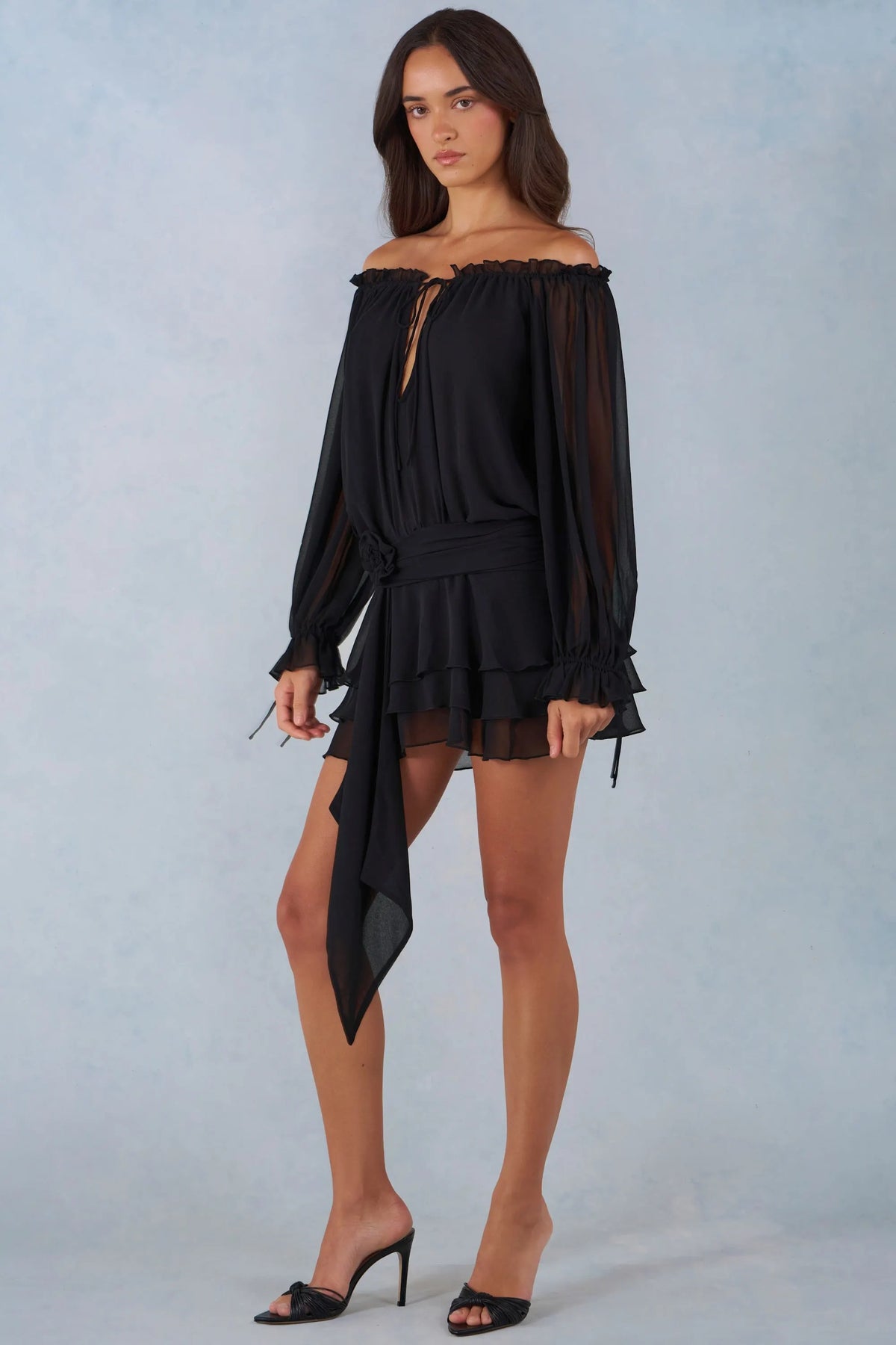 Off-Shoulder Balloon-Sleeve Mini Dress in Black