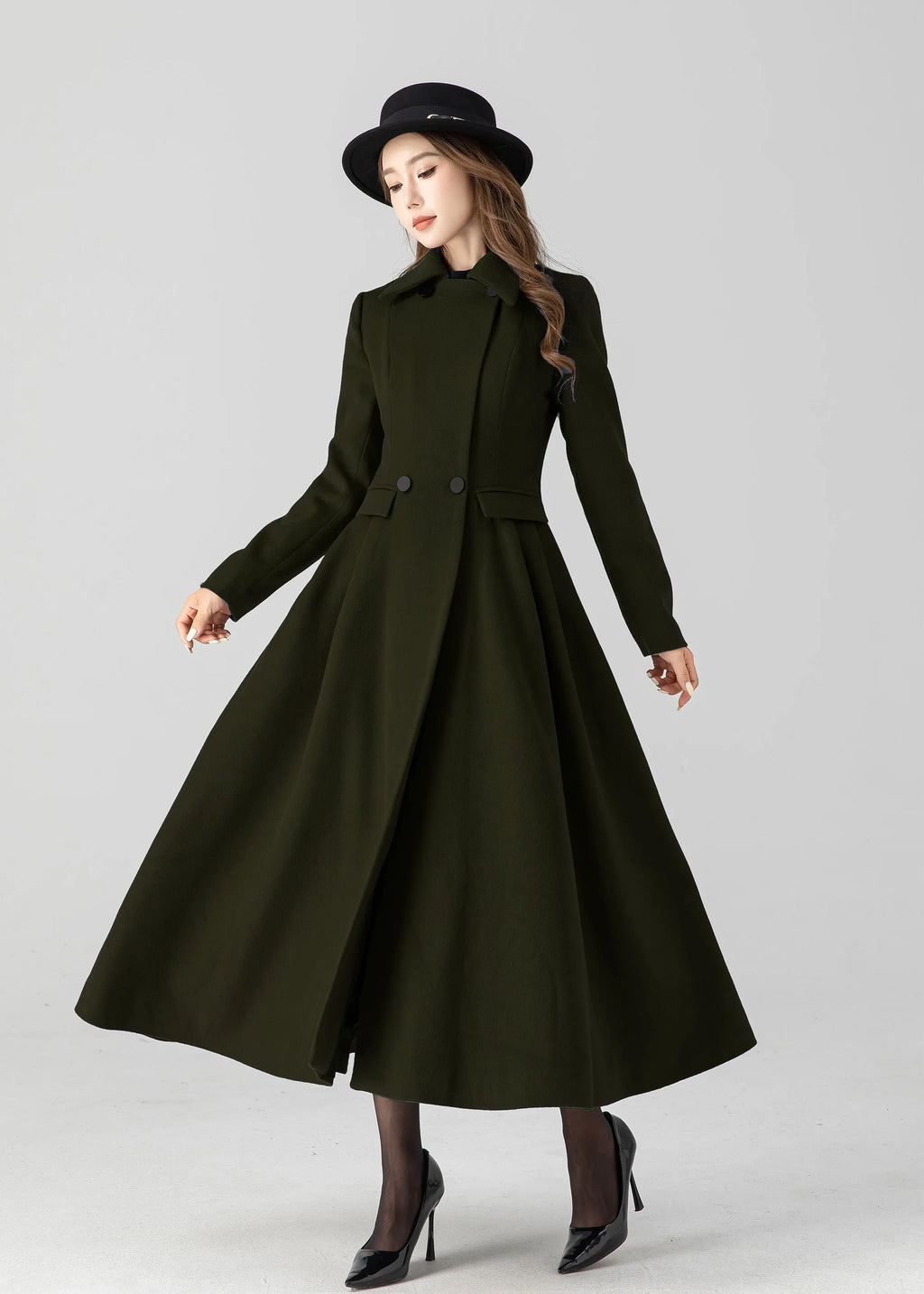 Army Green Wool Long Coat - Vintage Inspired A-Line Swing 5505