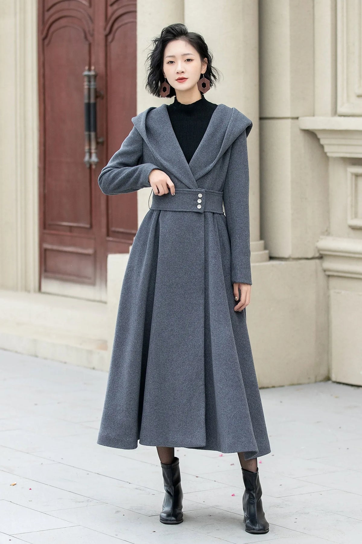 Gray Wool Hooded Long Coat - Oversize with Self Belt Waist 5344