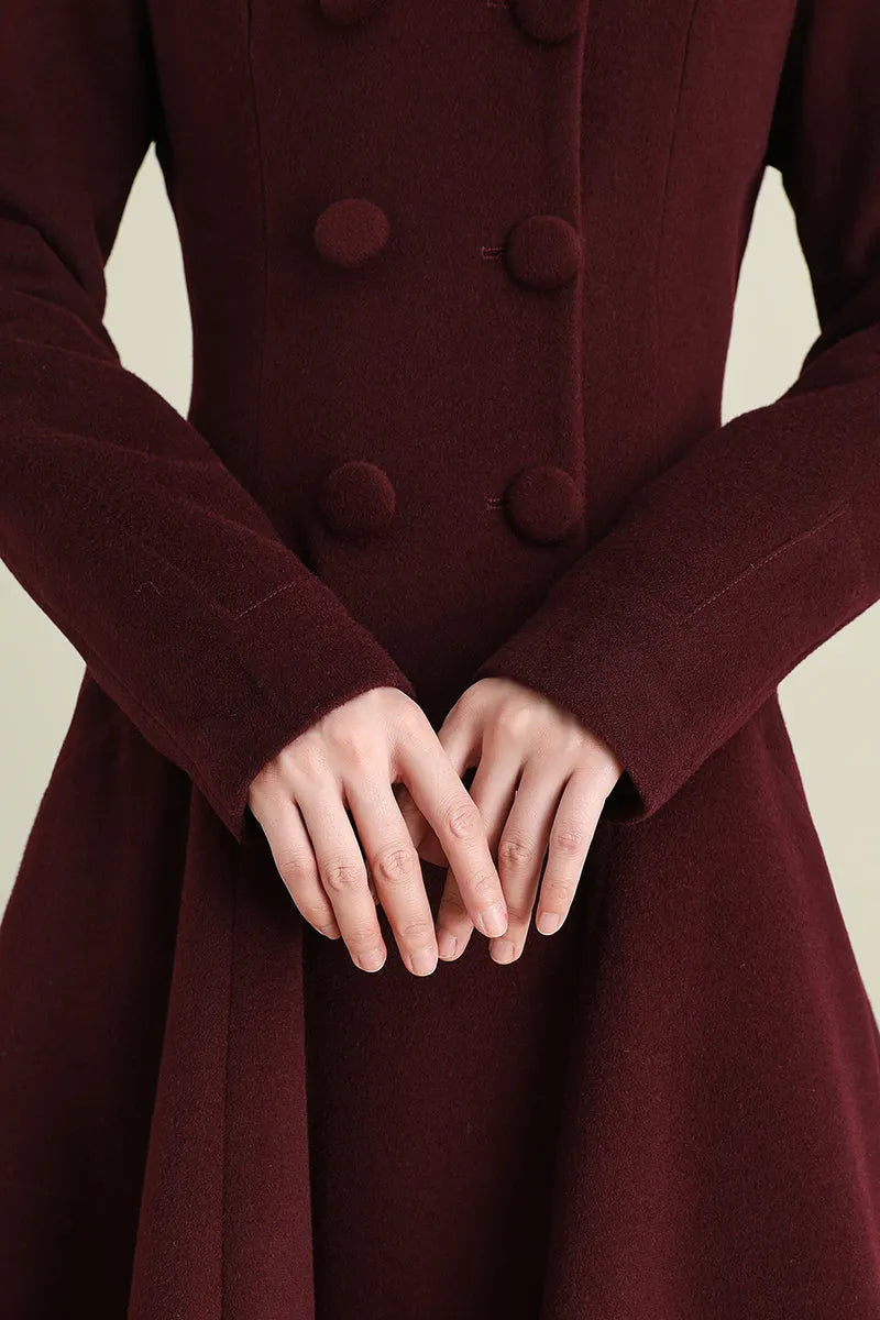Handmade Wine Red Wool Coat – Vintage Double-Breasted Fit and Flare Overcoat 