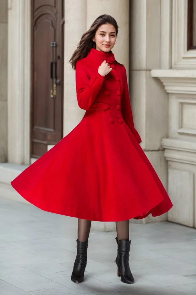 Red Wool Coat – Handmade Vintage Double Breasted Winter Swing Coat 