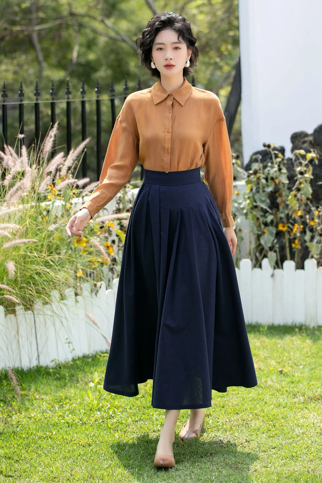 Deep Navy Linen Cotton Midi Skirt High Waist 