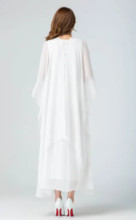 White Chiffon Maxi Dress – Handmade Flowy Cape Sleeve Vintage Elegance 1917