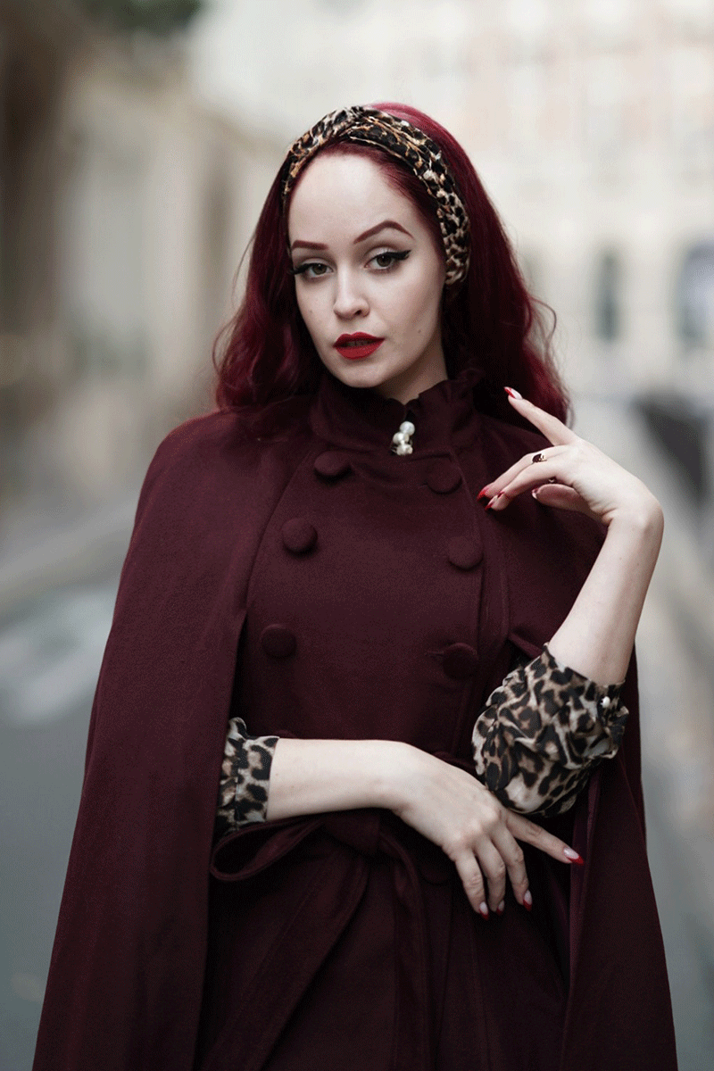 Burgundy Wool Cape Coat – Handmade Vintage Stand Collar Cloak with Belt 4728