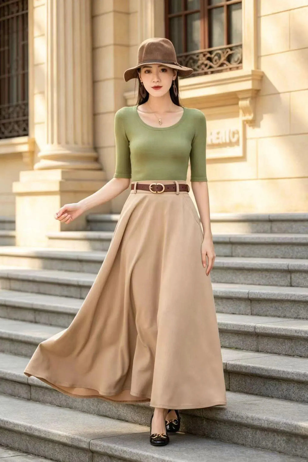Khaki Cotton Blend Maxi Skirt - High-Waisted A-Line Swing Silhouette 6794