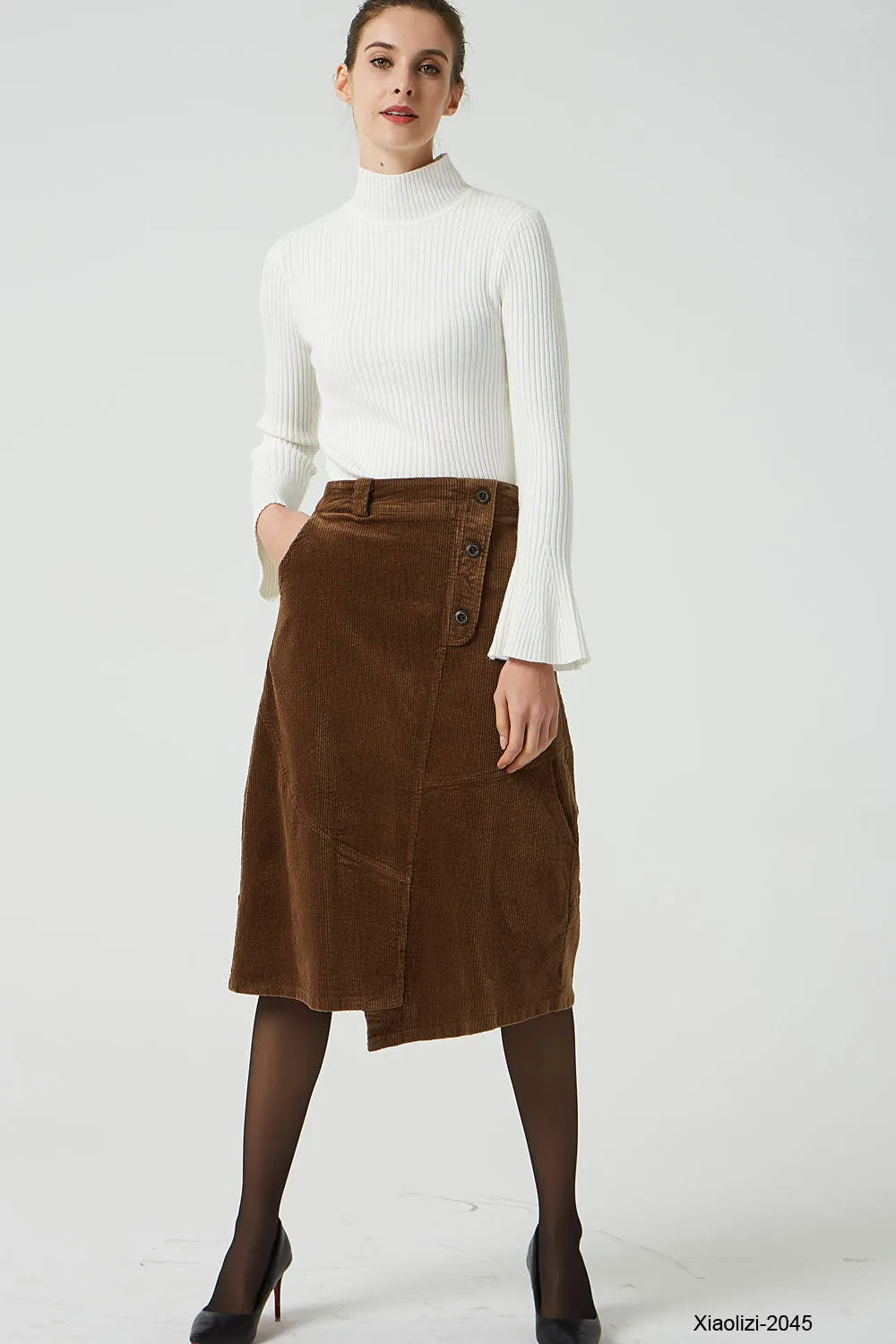 Brown Corduroy Knee Length Skirt - A-Line with Elastic Waistband 2045