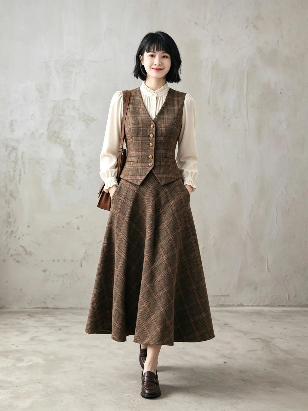 Brown Plaid Wool Blend A-Line Skirt - Vintage Ankle Length 6924
