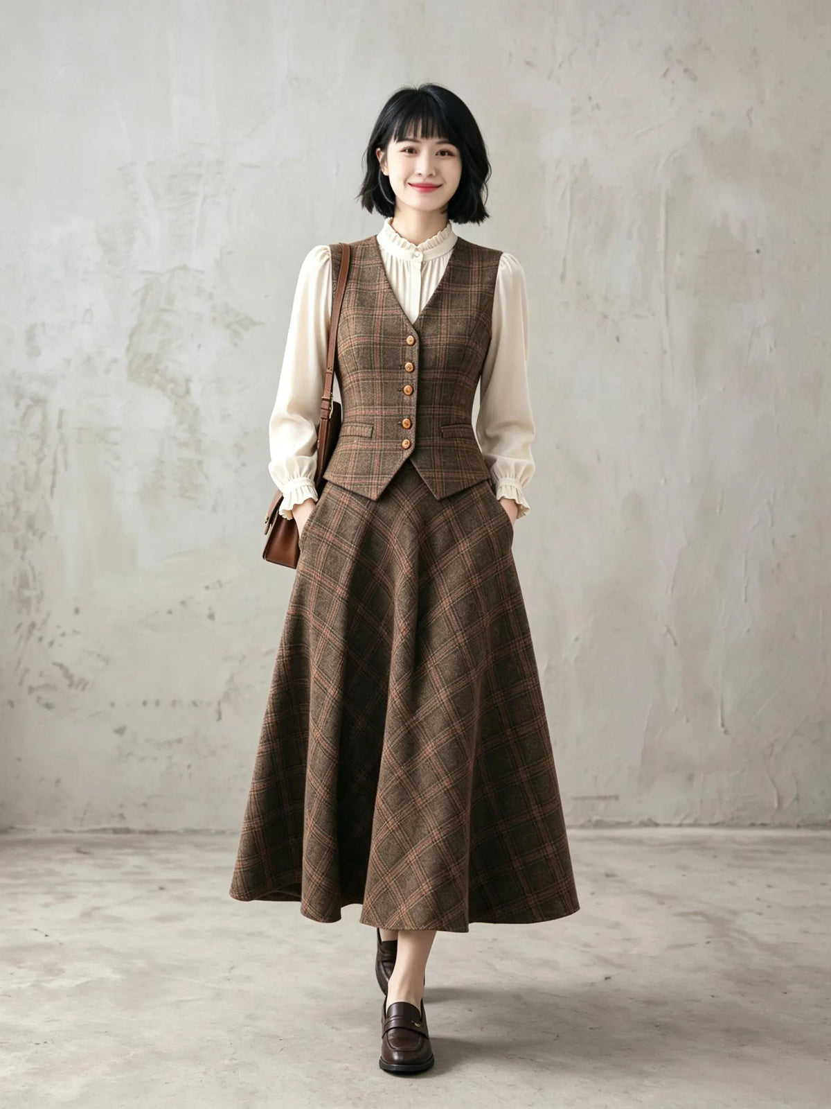 Brown Plaid Wool Blend A-Line Skirt - Vintage Ankle Length 6924
