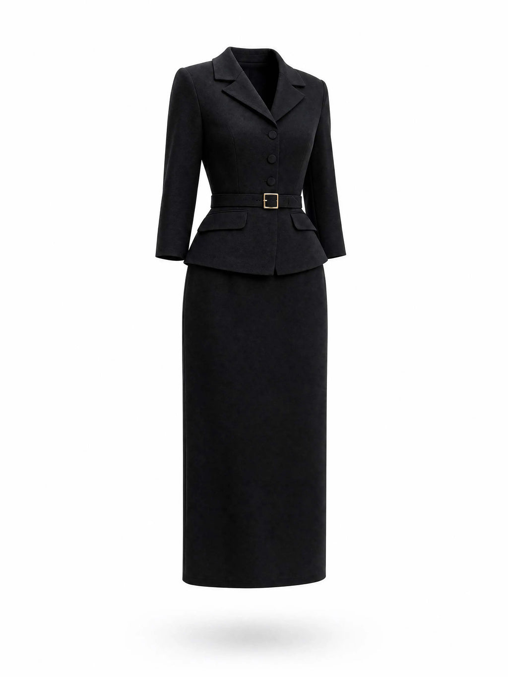 Retro Black Lapel Blazer Midi Skirt Set