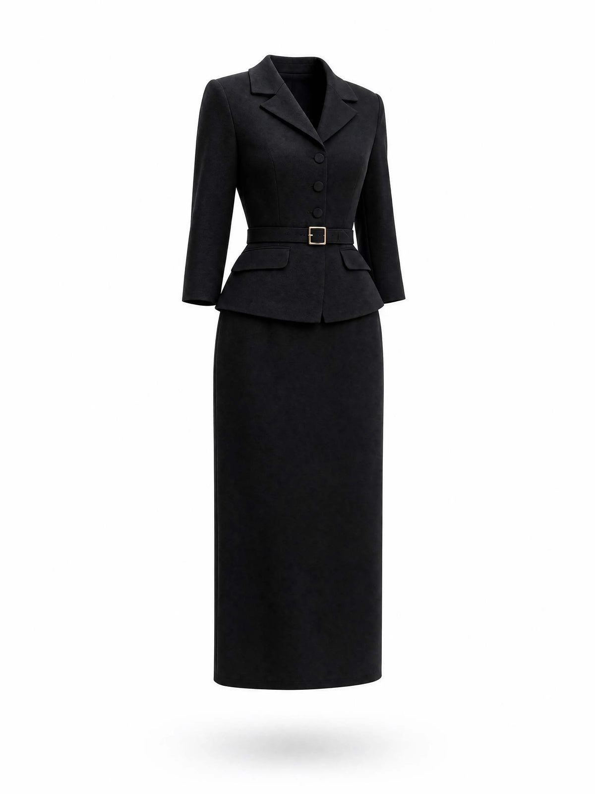 Retro Black Lapel Blazer Midi Skirt Set