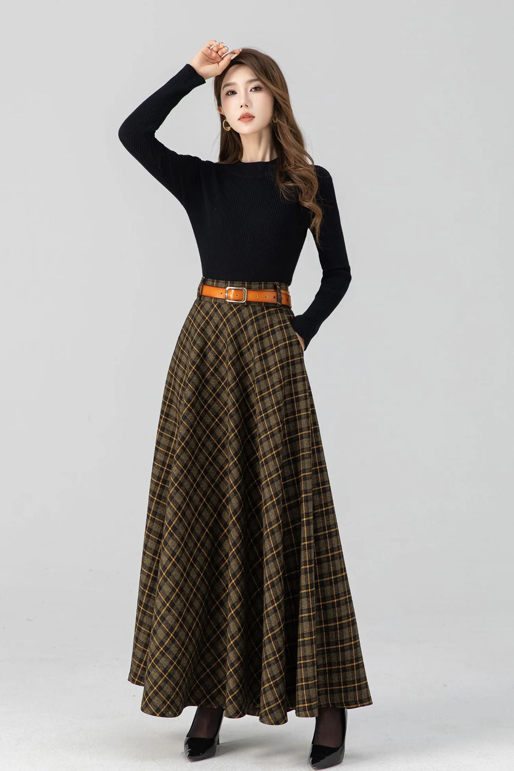 Handmade Brown Plaid Wool Maxi Skirt – High Waist Pleated Winter Long Skirt 