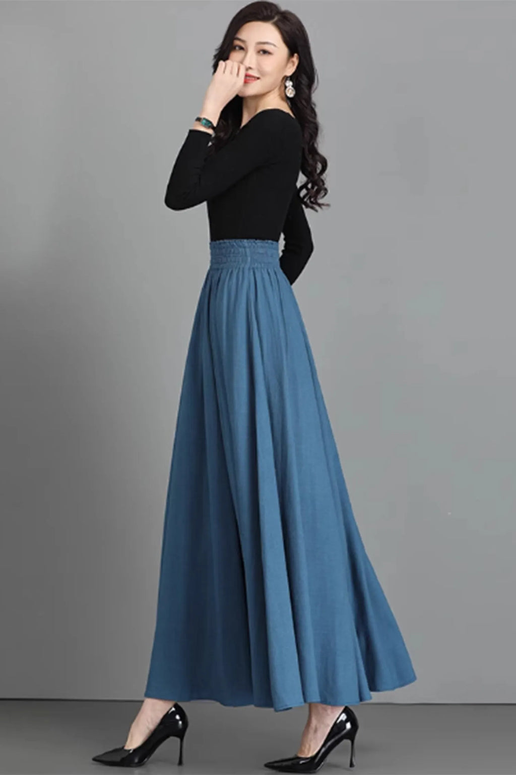 Red Linen Blend Maxi Skirt - Elastic Waist with Pockets 4871