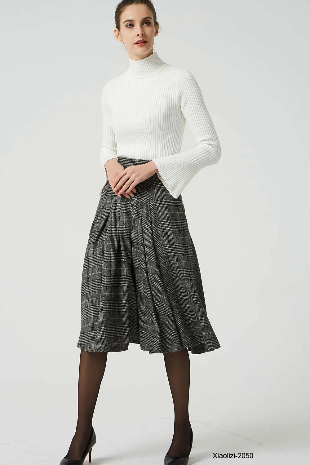 Grey Wool Pleated Knee Length Skirt - Retro A-Line Silhouette 2050