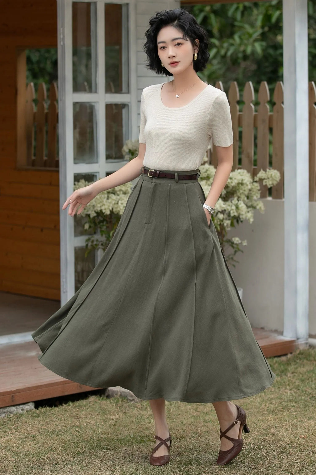 Xiaolizi Army Green Linen Midi Skirt – Vintage High Waist A-Line 6695