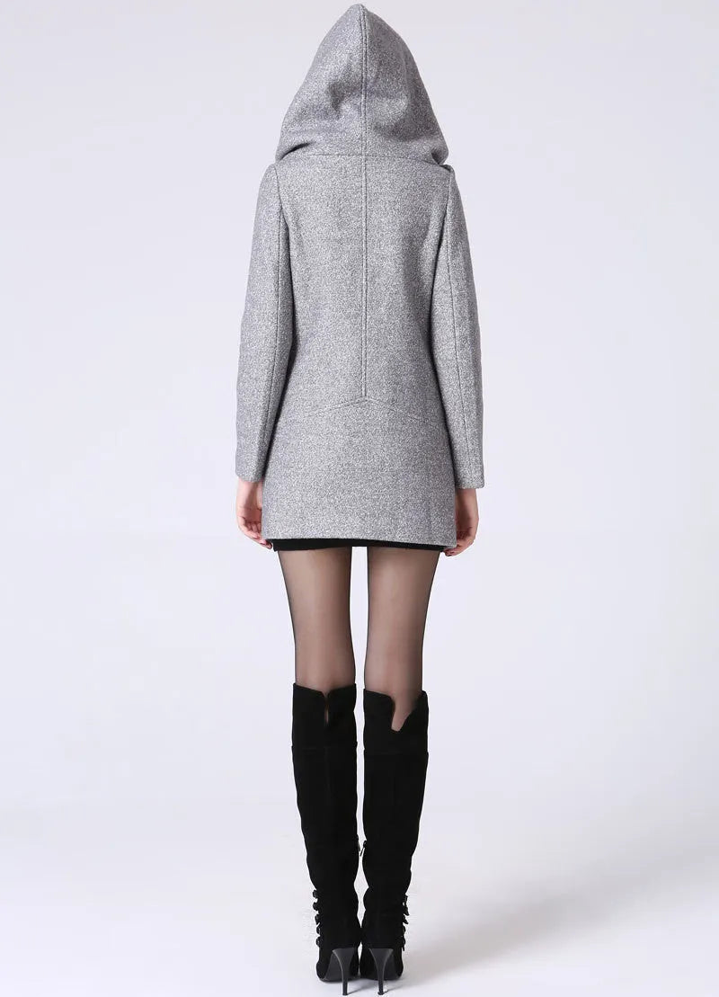 Women’s Gray Wool Blend Coat – Modern Asymmetrical Zip Hoodie Jacket 1060