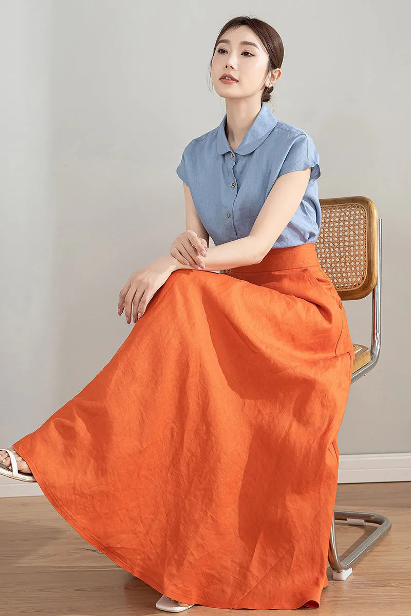 Orange Linen Skirt - High Waisted A-Line Midi Skirt 4215