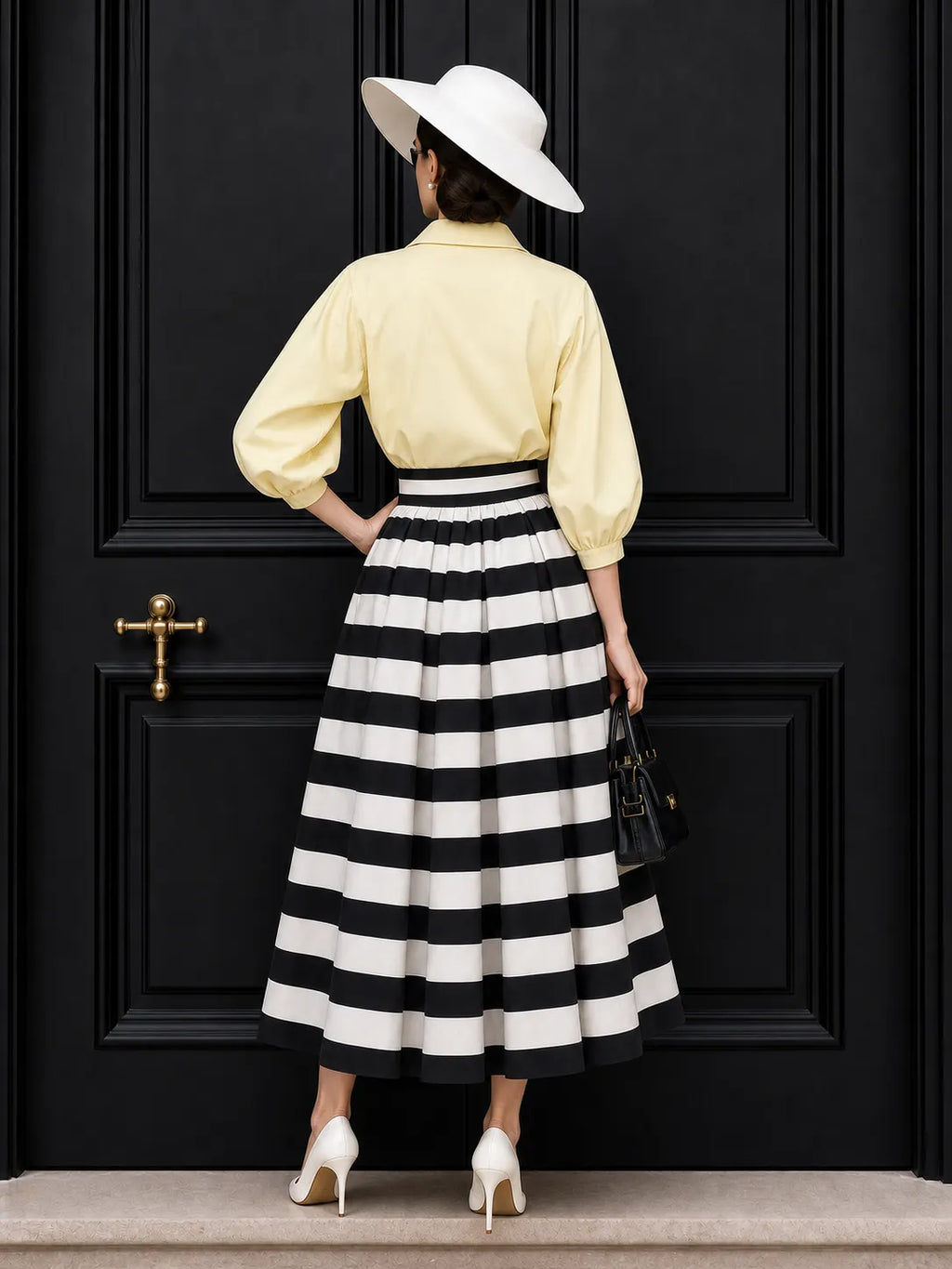 Vintage Thick Stripe High Waist Pleated Maxi Skirt