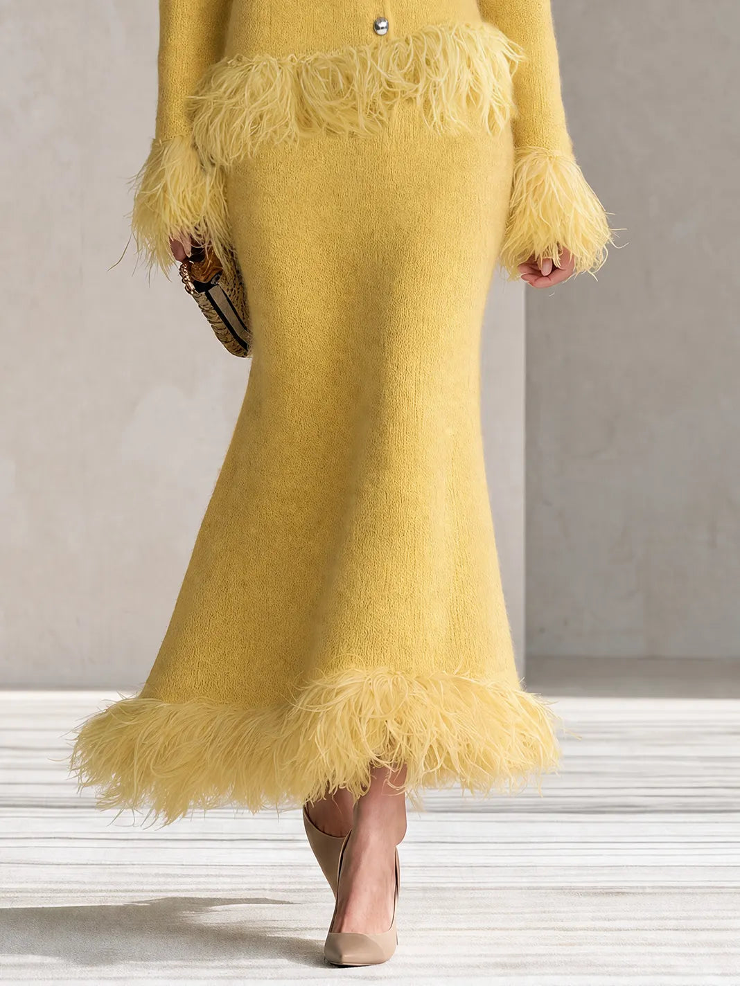 Retro-chic Yellow Knitted Skirt Set With Feather Fringe Details