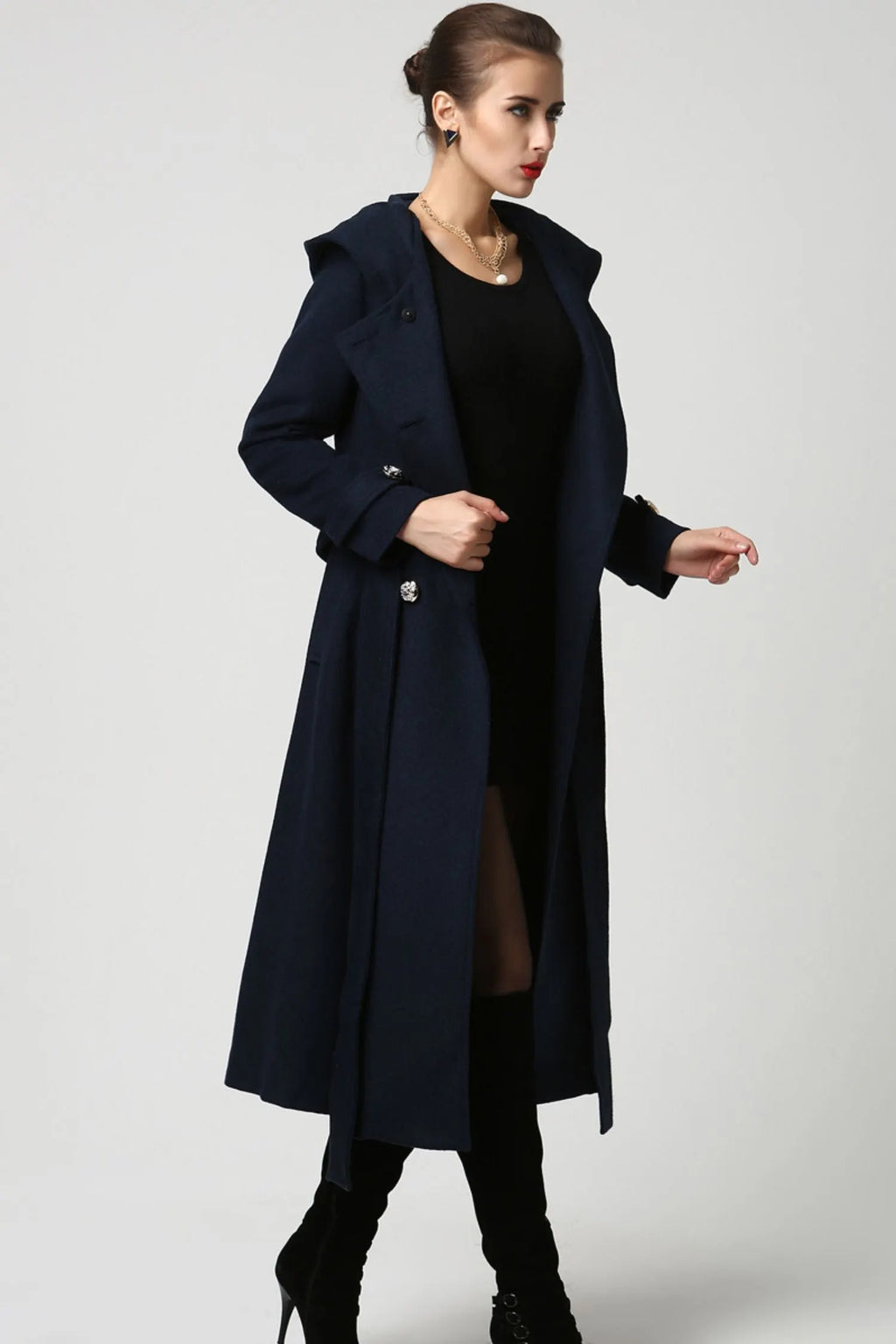 Long Wool Coat with Hood – Double Breasted Navy Blue Winter Coat with Self-Tie Belt  1114