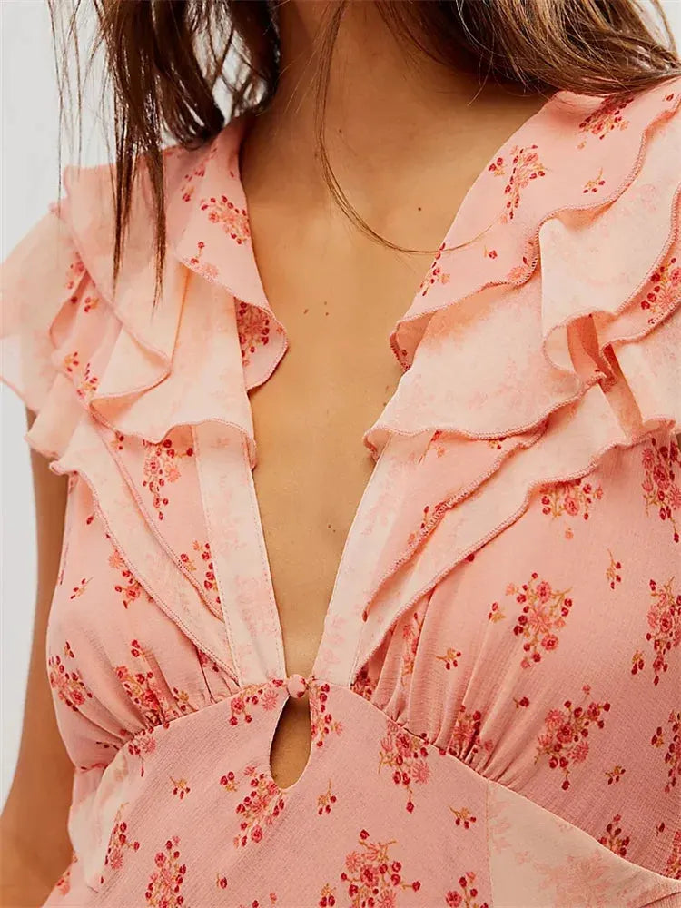 Retro Women Summer Casual Floral Print Ruffles Sleeveless V-Neck Fashion Holiday Beach Vestidos