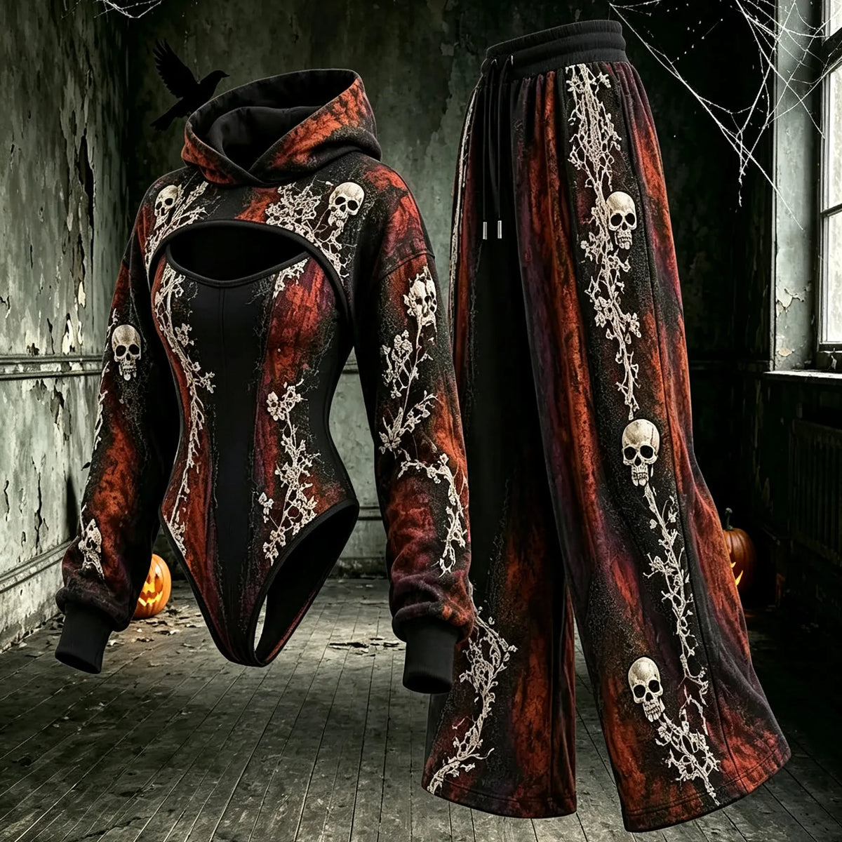 Women's Halloween Color-blocked Tie-dye Skull Print Hooded Three-piece Set