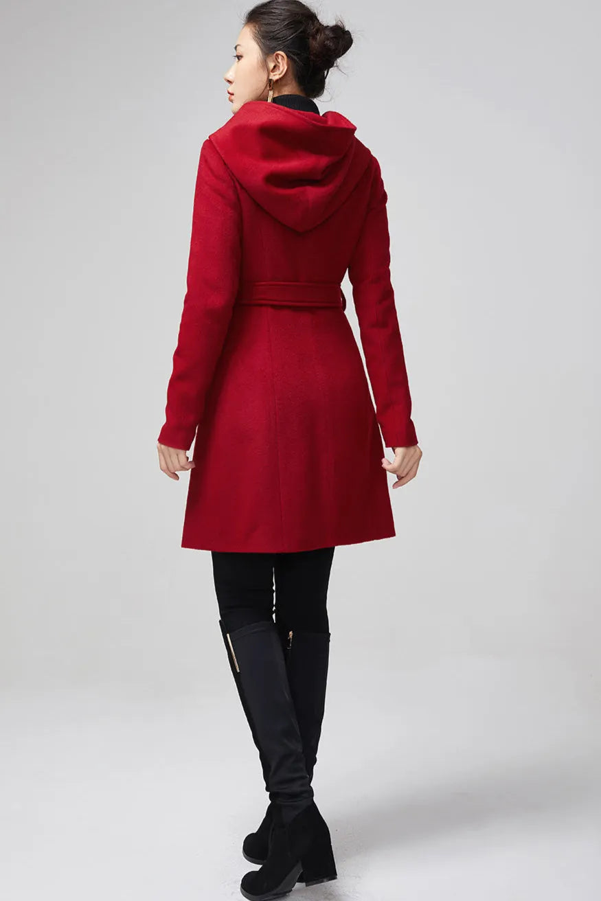 Red Wool Blend Hooded Coat – Handmade Double-Breasted Winter Elegance 2199