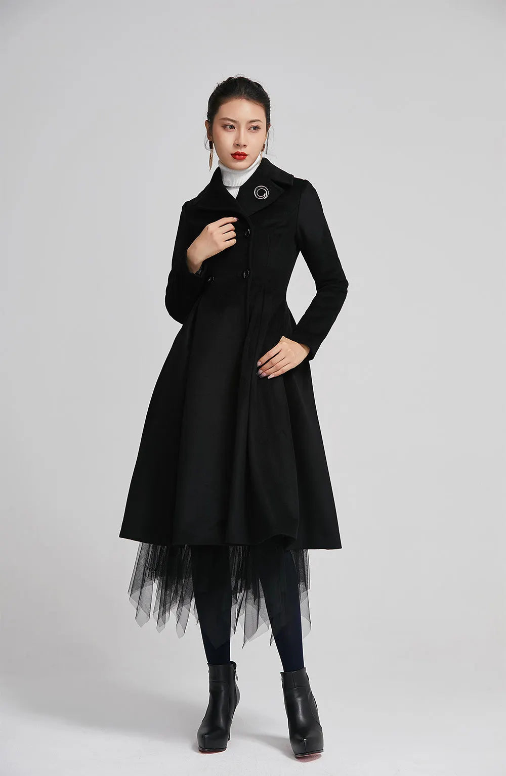 Black Wool Coat - Double-Breasted Fitted Winter Coat with Pockets 2258