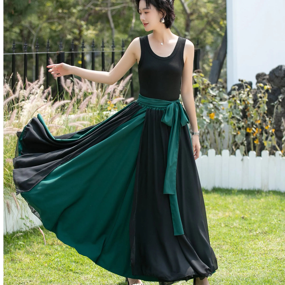 Black and Emerald Green Chiffon Maxi Skirt 