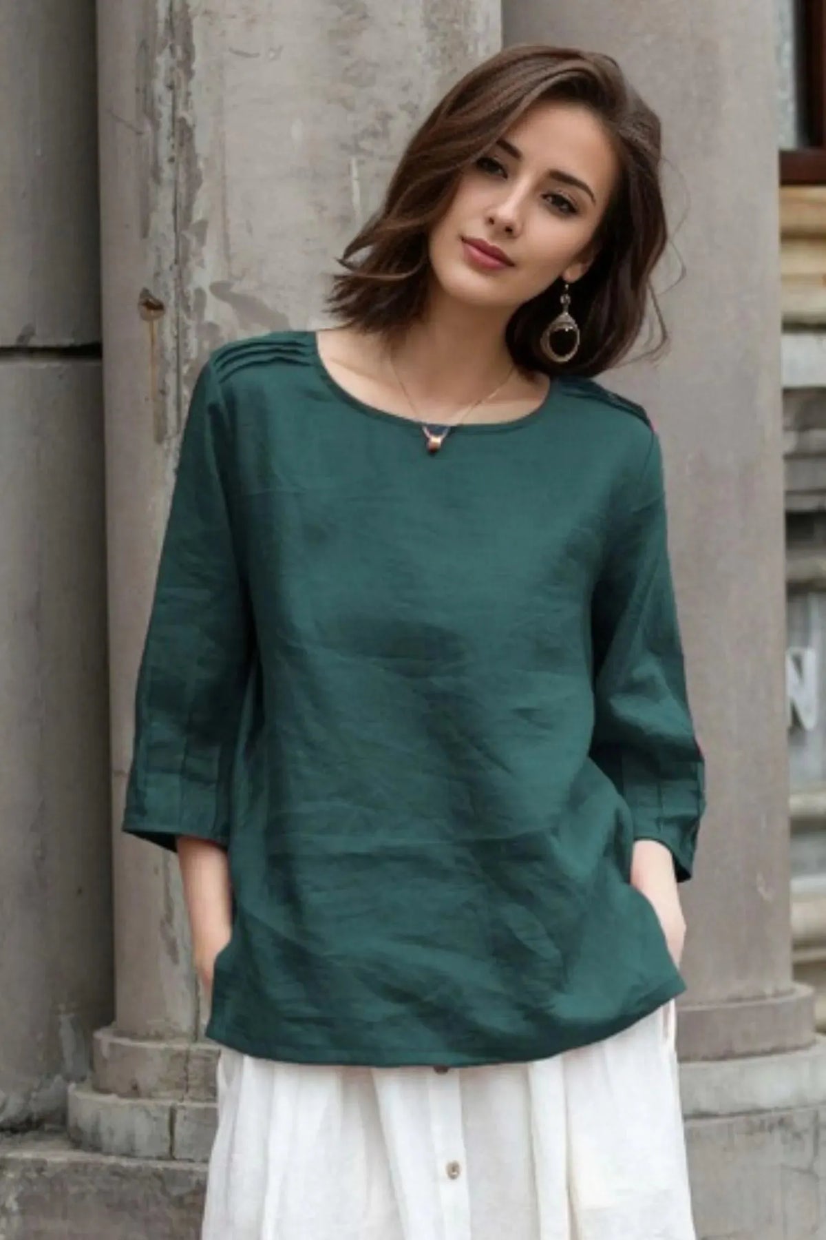 Green Linen Blouse - Loose Fit with Boat Neckline 5781