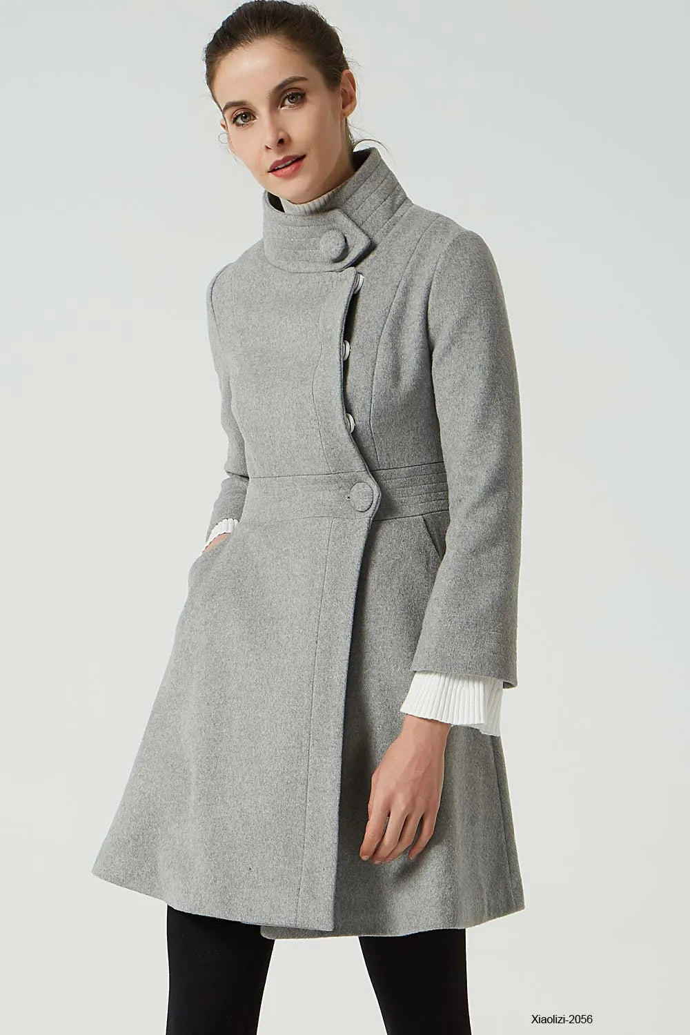 Light Grey Wool Coat - Fitted Waist with Stand-Up Collar 2056