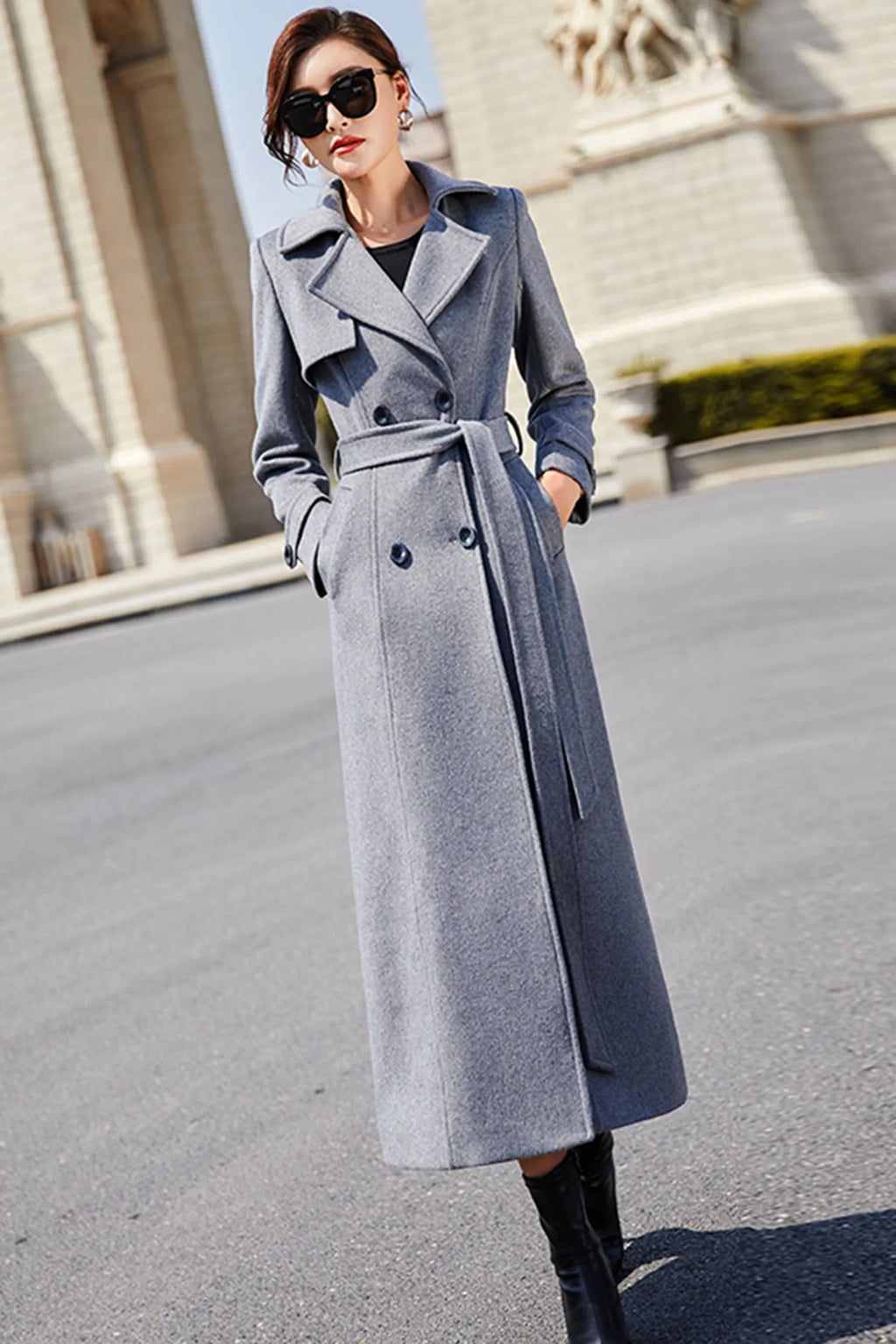 Gray Wool Maxi Coat - Double Breasted with Tie Belt 319501