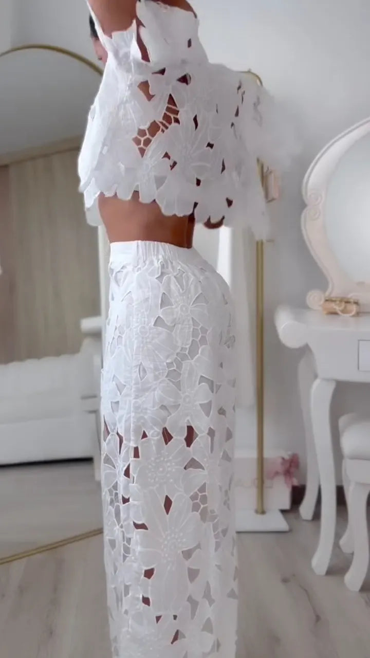 Floral Cutwork Lace Shirt & Wide Leg Pants Two‐Piece Set