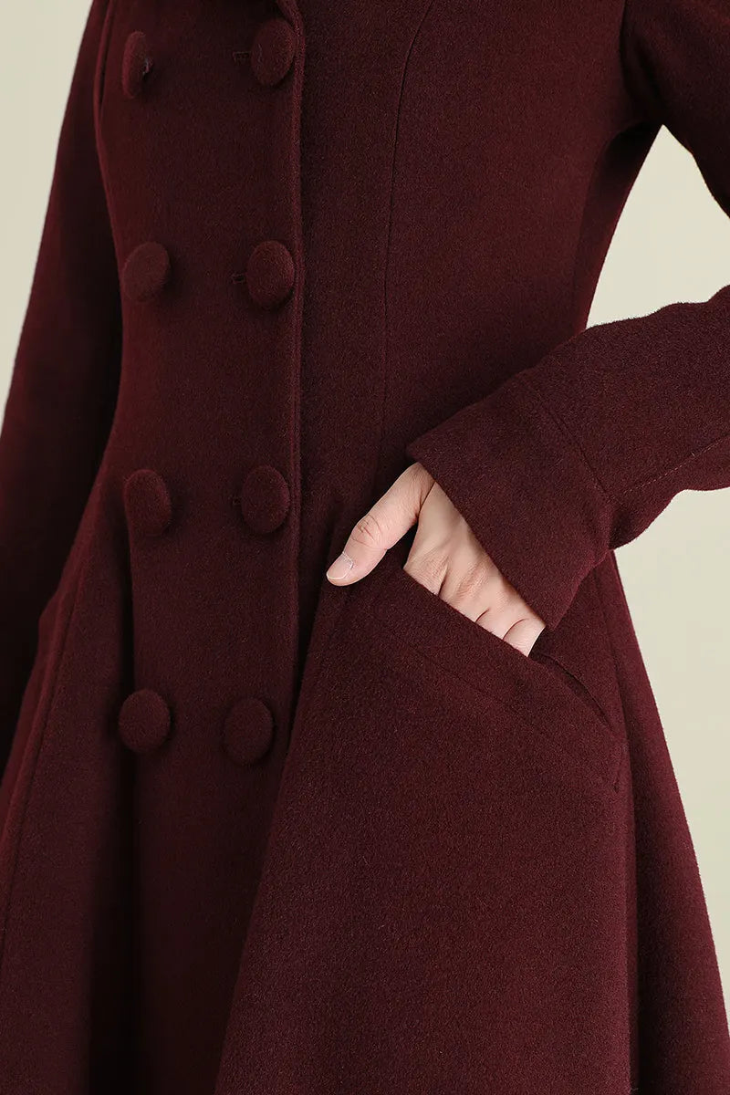 Handmade Wine Red Wool Coat – Vintage Double-Breasted Fit and Flare Overcoat 