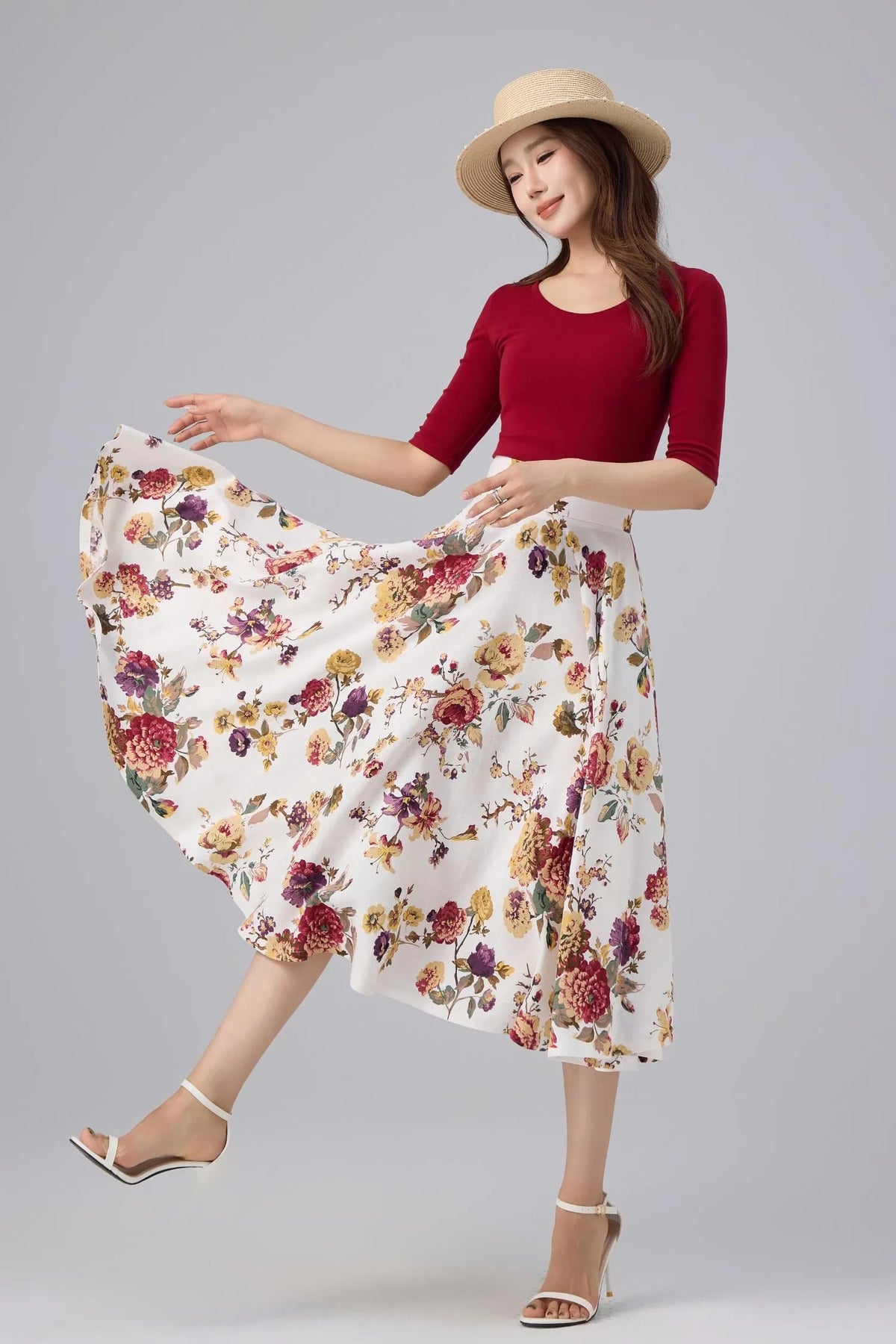 White Floral Cotton Linen Midi Skirt - High Waist, A-line Swing 