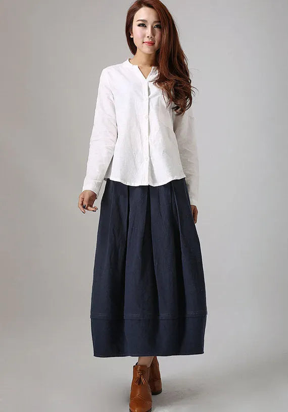 Navy Linen Blend Bubble Skirt - Above Ankle Length with Side Pockets 778