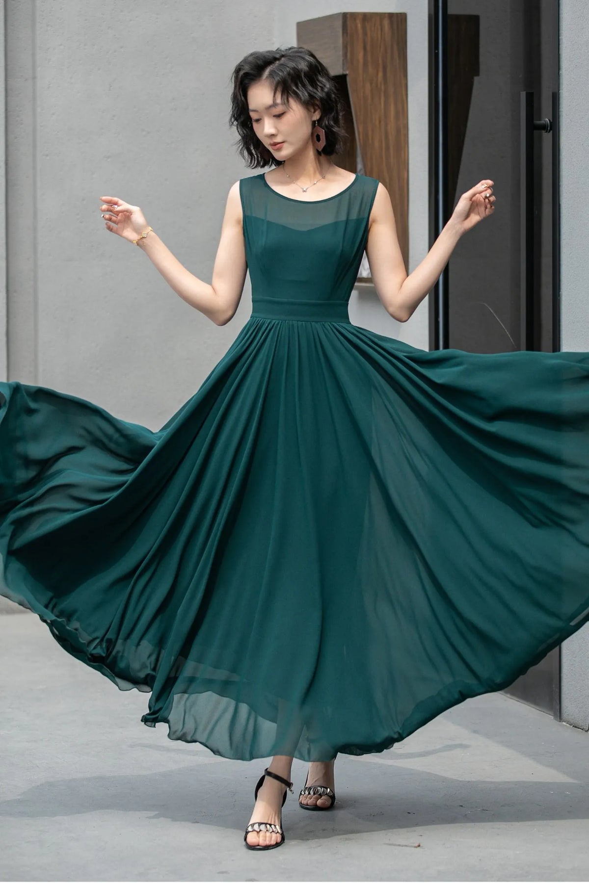Emerald Green Chiffon Maxi Dress - Fit and Flare with Removable Cape 5861