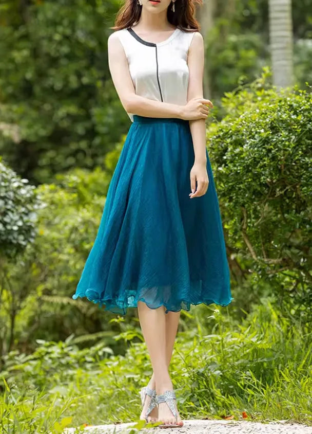 Midi elastic waist summer chiffon skirt 6187- blue