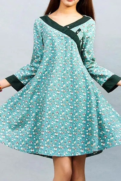 Handmade Green Floral Linen Shirt Dress – Loose Long Top with Buttons 