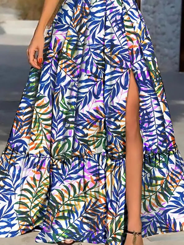 Leaf Print Deep V Neck Slit Sling Dress