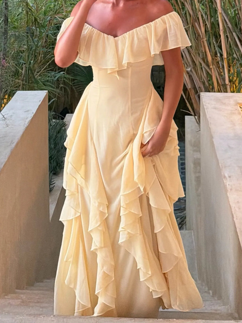 Pale Yellow Off-Shoulder Ruffle Maxi Dress